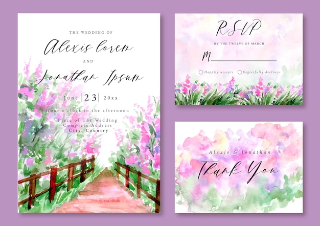 Vector watercolor landscape wedding invitation lilac garden lavender spring season