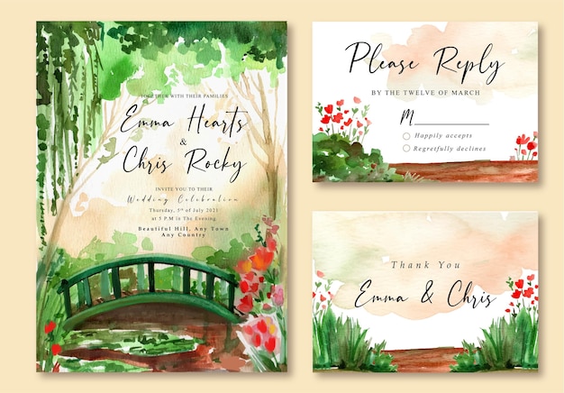 Watercolor landscape wedding invitation with trees and green field blue sky