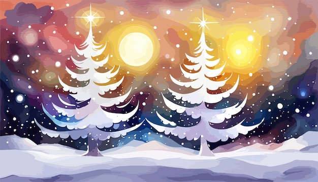 Vector watercolor landscape of a winter scene featuring a snowcovered forest or mountains and intricate