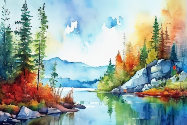 watercolor landscape with mountains and river