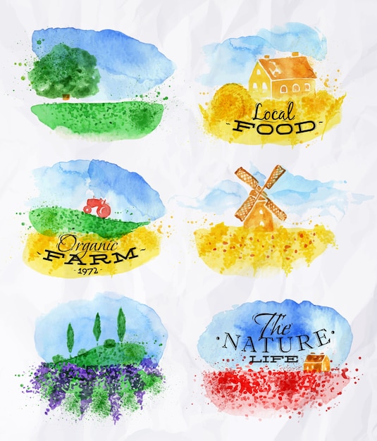 Vector watercolor landscapes symbols