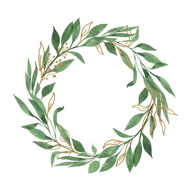 Watercolor laurel wreath with green and gold leaves
