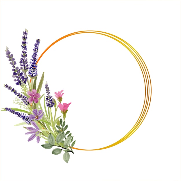 Vector watercolor lavender floral golden frame