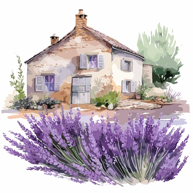 Vector watercolor lavender flower clipart and french farmhouse