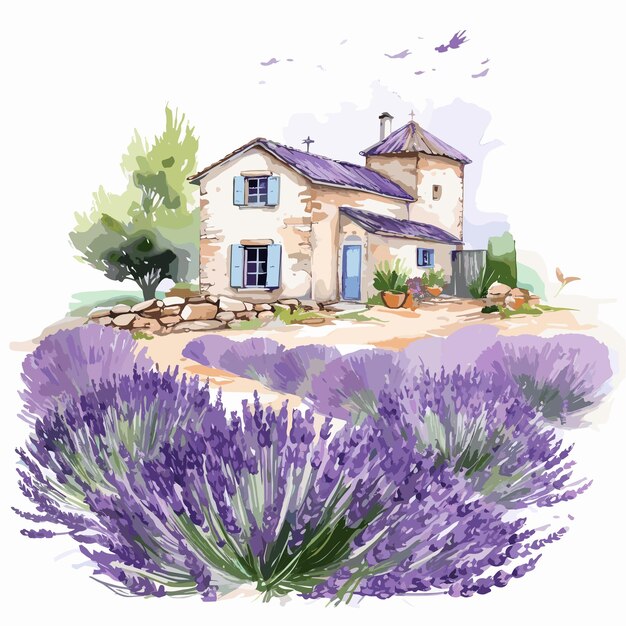 Vector watercolor lavender flower clipart and french farmhouse