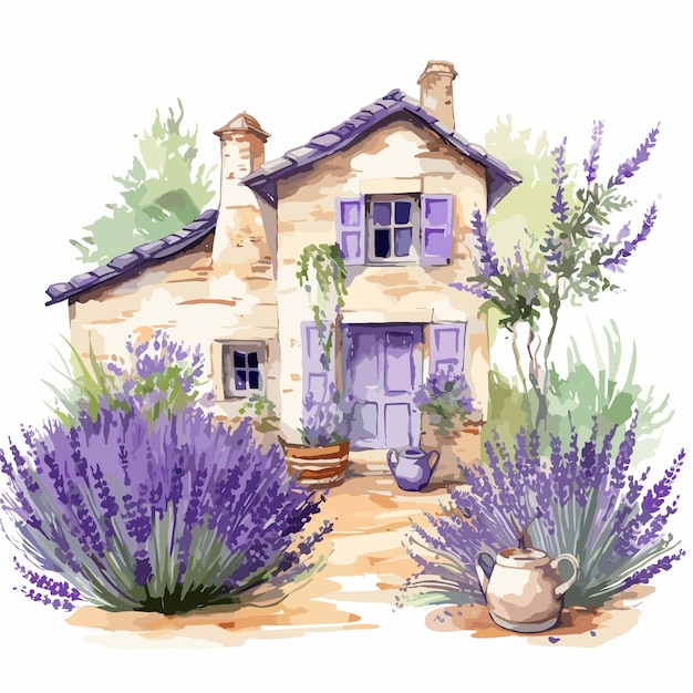 Vector watercolor lavender flower clipart and french farmhouse