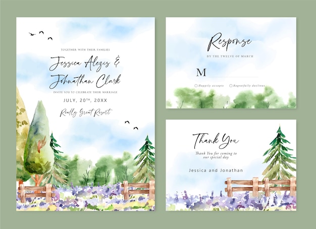 Vector watercolor lavender meadow and pine trees wedding invitation card