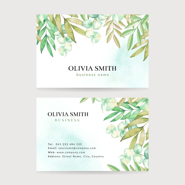 Vector watercolor leaves business card. leaves frame business card