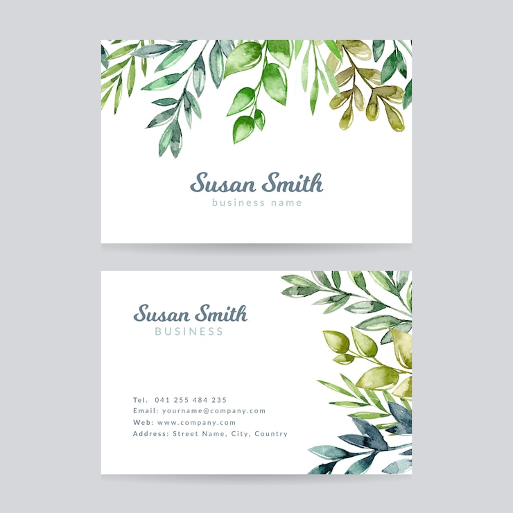 Vector watercolor leaves business card. leaves frame business card