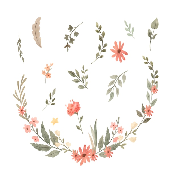 Vector watercolor leaves and flowers illustration