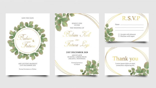 Watercolor leaves and gold frame wedding invitation templates