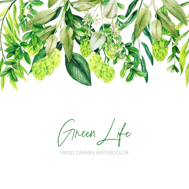 Vector watercolor leaves, greenery header, seamless border, hand drawn