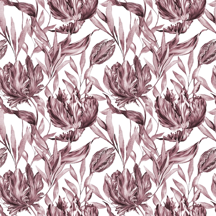 Vector watercolor leaves and purple parrot tulip peony seamless pattern botanical ecological cosmetic wedding invitation spring summer plants textile design wallpaper wrapping paper