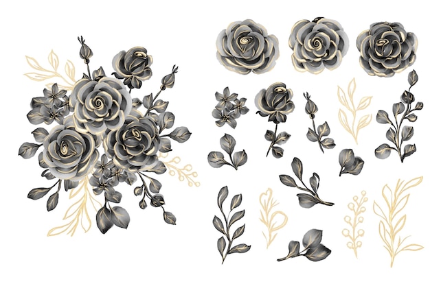 Watercolor leaves with rose black gold isolated clip art