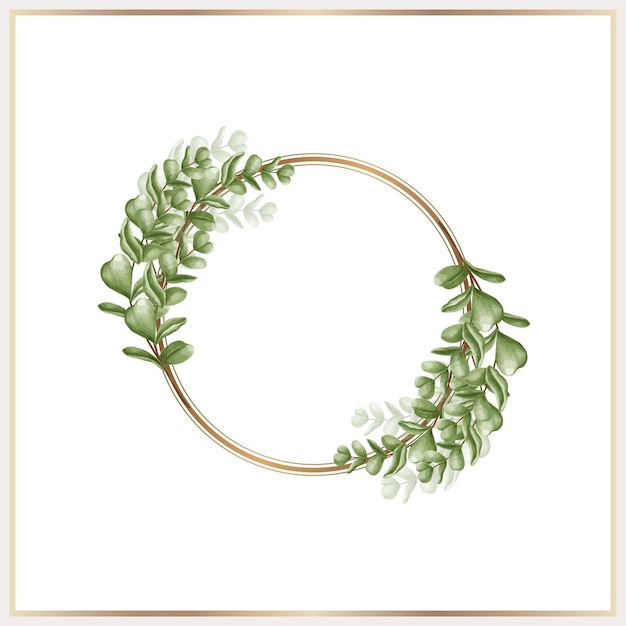 Watercolor leaves wreath with gold circle