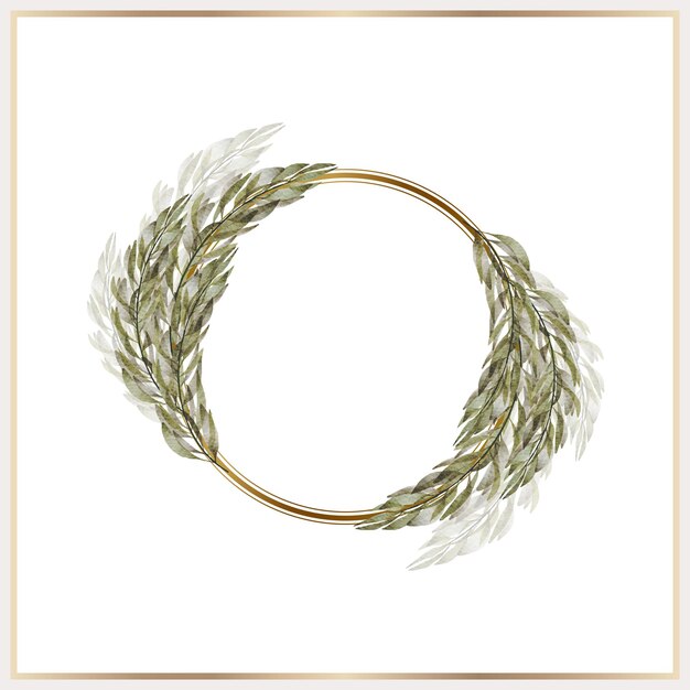 Watercolor leaves wreath with gold circle