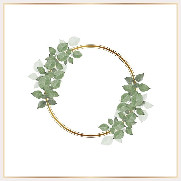 Watercolor leaves wreath with gold circle