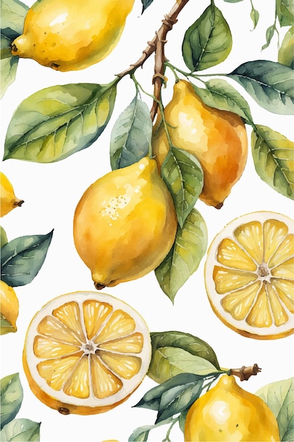 Vector watercolor lemon branches and lemon illustration vector pattern