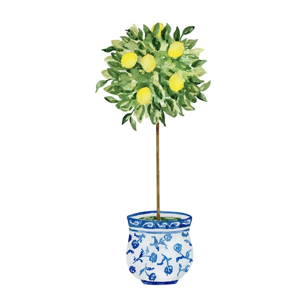 Watercolor lemon tree in a blue vase