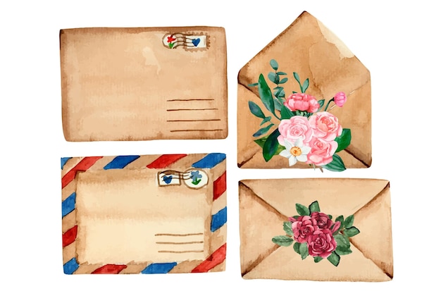 Watercolor letter envelopes vintage decorated with flowers illustration