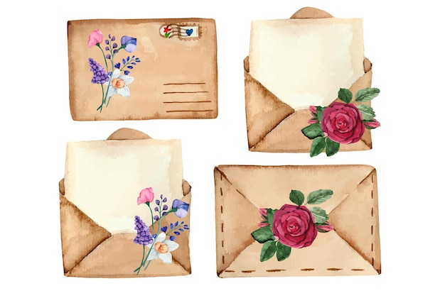 Watercolor letter envelopes vintage decorated with flowers illustration