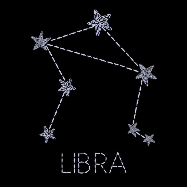 Watercolor libra zodiac icon with line and stars and lettering. embroidered blue color zodiac