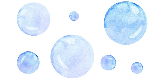 Watercolor light blue water and soap round shapes bubbles