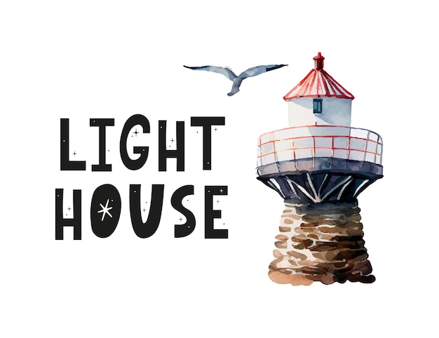 Watercolor lighthouse illustration Isolated lighthouse and seagulls on white background Hand drawn artwork Vector