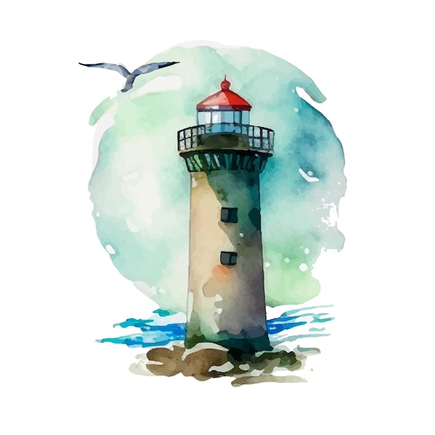 Watercolor lighthouse illustration Isolated lighthouse and seagulls on white background Hand drawn artwork Vector