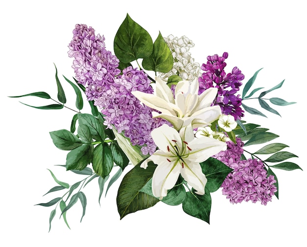 Watercolor lilac flowers and leaves