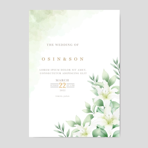 Vector watercolor lily floral wedding invitation card template