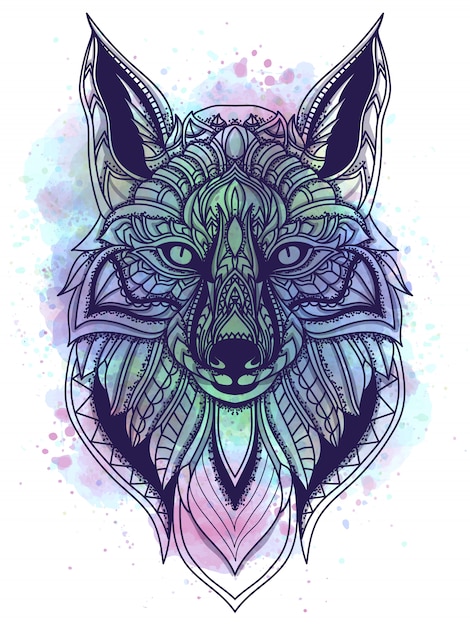 Watercolor and line art fox vector illustration