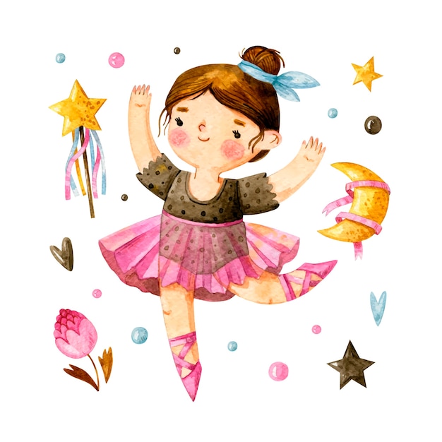 Watercolor little ballerina with cute girlish elements