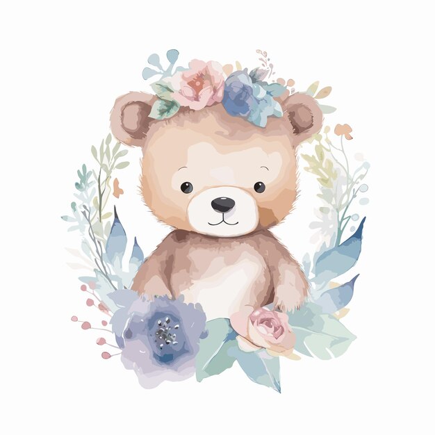 Vector watercolor little bear portrait cute bear and flowers