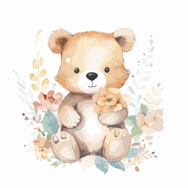 watercolor little bear portrait cute bear and flowers