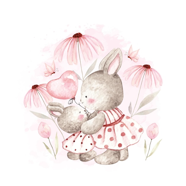 Watercolor little bunny with lovely mom