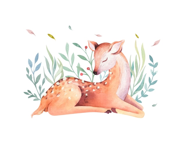 Watercolor little deer baby and mother watercolour cartoon nursery Forest funny mom baby animals