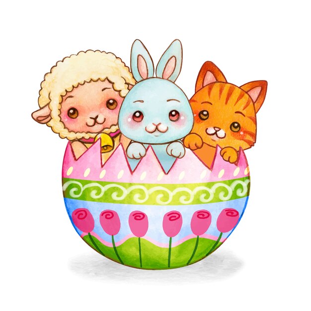 Watercolor little friends in a decorated egg shell