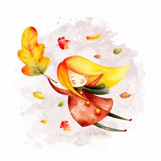 Watercolor little girl flying with leaf