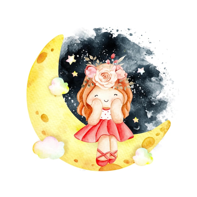 Watercolor little girl sitting on the moon