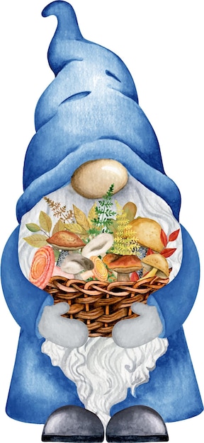 Watercolor little gnome with basket mushrooms