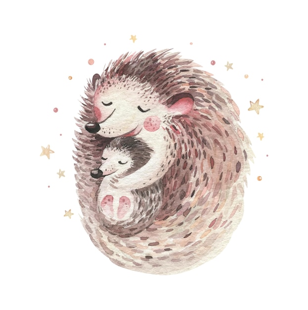 Watercolor little hedgehog baby and mother cartoon nursery card Forest funny animals illustration