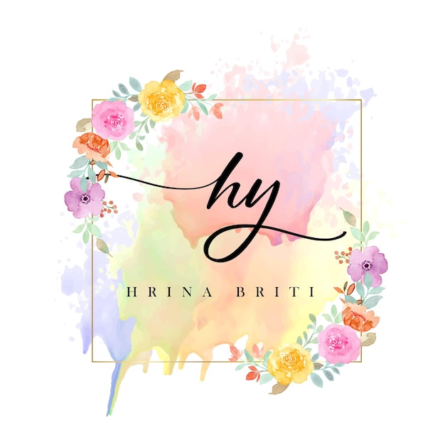 watercolor logo floral leaves brush stroke and gold glitter
