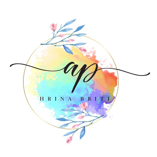 watercolor logo floral leaves brush stroke and gold glitter