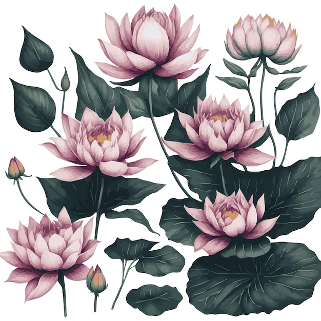 Watercolor lotus Clipart Set Realistic Floral Illustrations