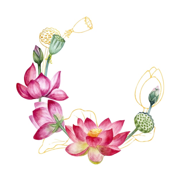 Vector watercolor lotus wreath in luxury style on a white background