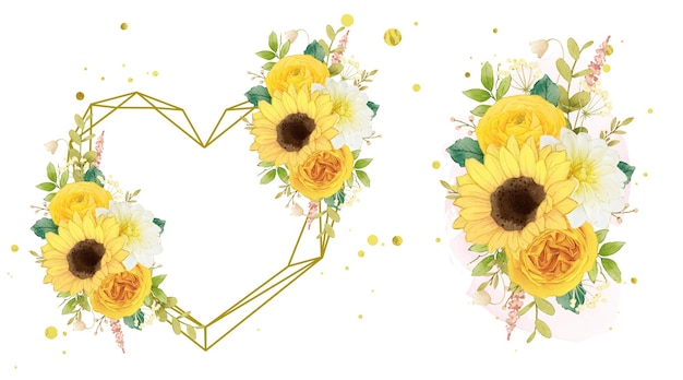 Vector watercolor love wreath and bouquet of yellow flowers