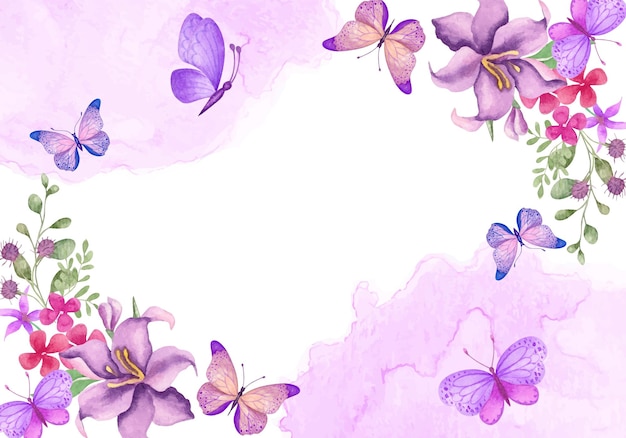 Vector watercolor lovely floral background with flying butterflies