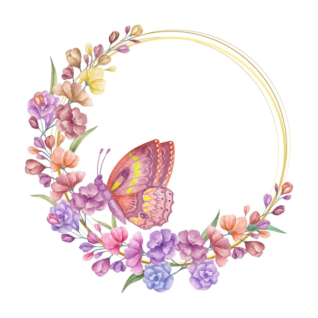 Watercolor lovely spring floral round frame with colorful butterfly