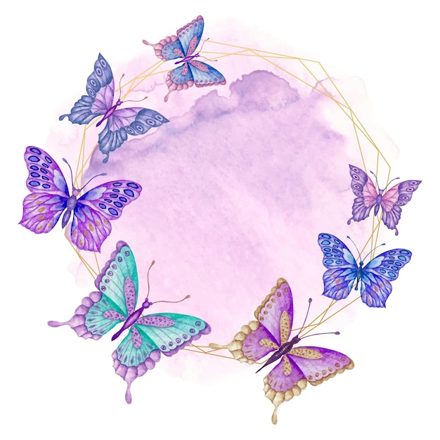 Вектор Акварельная прекрасная рамка на день святого валентина с летающими бабочками